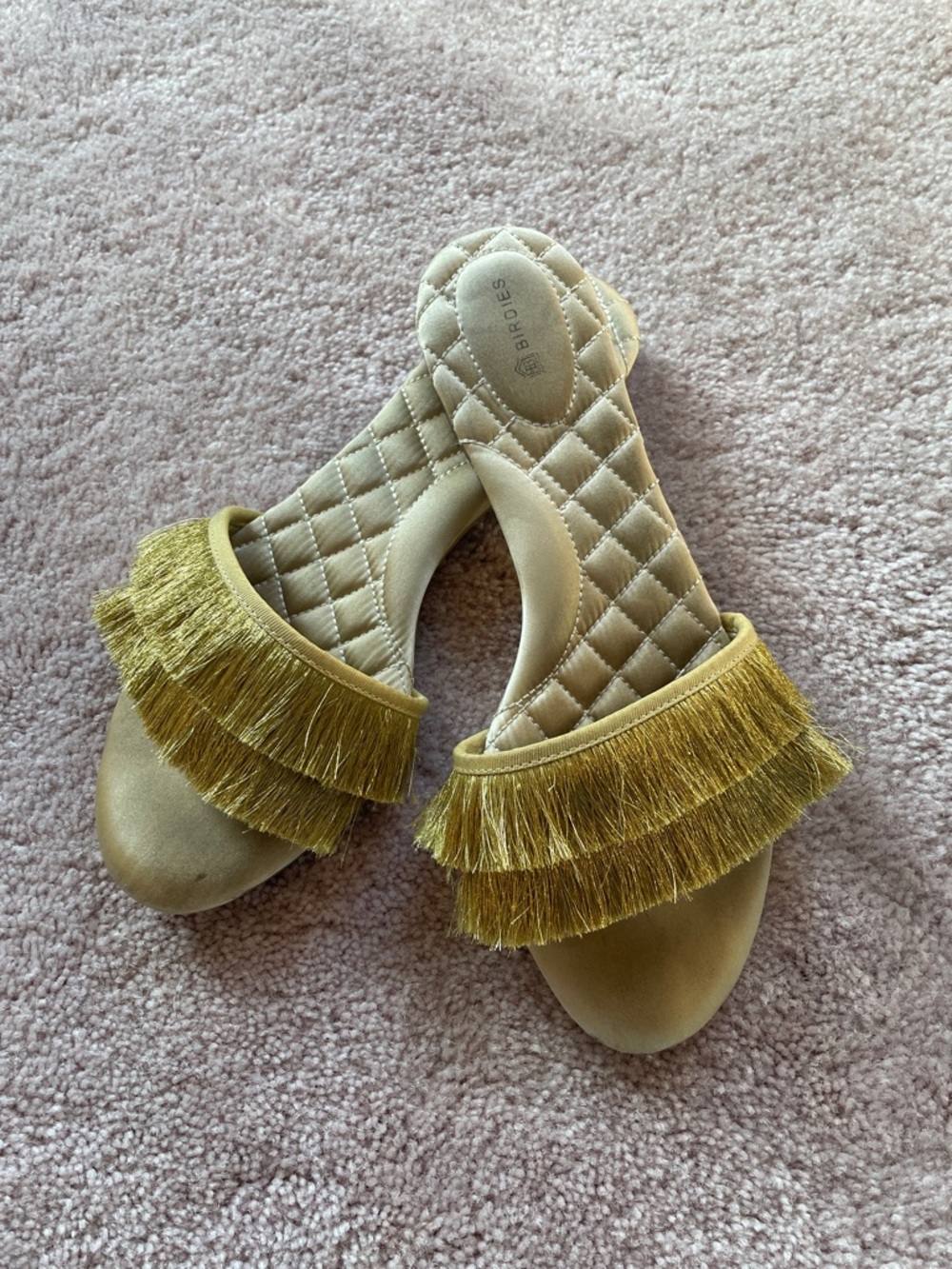 Birdies Olive Fringe Quilted Slide Mules